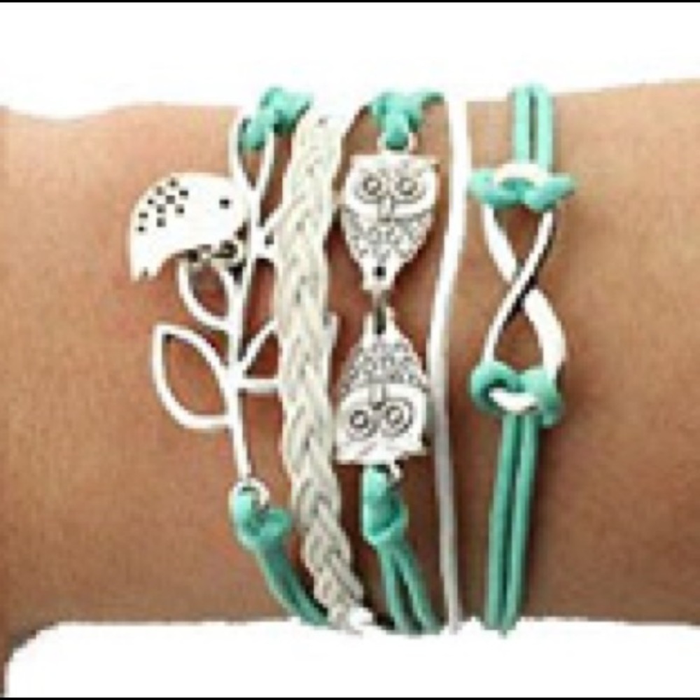 🦉Owl Teal Woven Leather Braided Infinity Bracelet